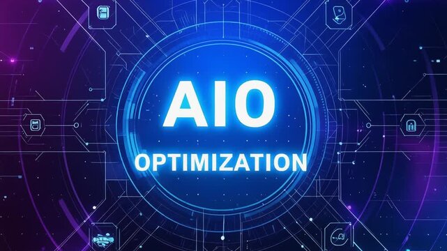 AIOテキストが中心に光りOptimization技術を象徴する電子的で洗練された構図