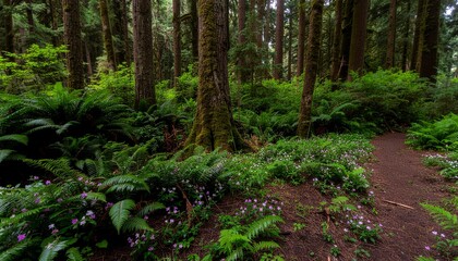 Obraz premium Lush Forest Path A Serene Walk Amidst Towering Trees and Vibrant Greenery