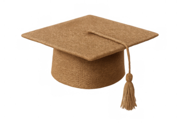 Brown graduation cap with tassel, symbolizing education, achievement, and commencement ceremony, on transparent background