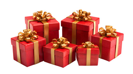 Obraz premium Collection of red gift boxes with golden bows isolated on white background