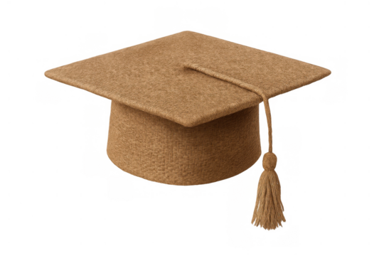 Brown graduation cap with tassel, symbolizing education, achievement, and commencement ceremony, on transparent background