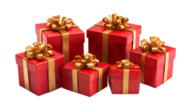 Collection of red gift boxes with golden bows isolated on white background - Powered by Adobe