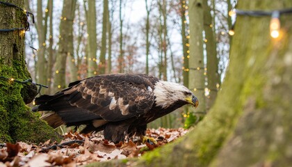 Fototapeta premium Majestic eagle foraging amongst fallen leaves in a serene forest setting, adorned with delicate fairy lights