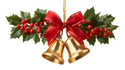 Christmas decor combination with mistletoe, golden bells, and red bow isolated on white background