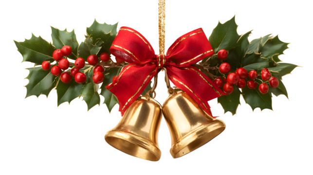 Christmas decor combination with mistletoe, golden bells, and red bow isolated on white background