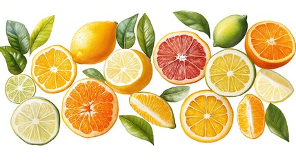 Obraz premium Assortment of fresh citrus fruits and leaves isolated on white background