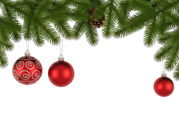 Christmas Evergreen Branch Garland with Red Ornaments Transparent PNG