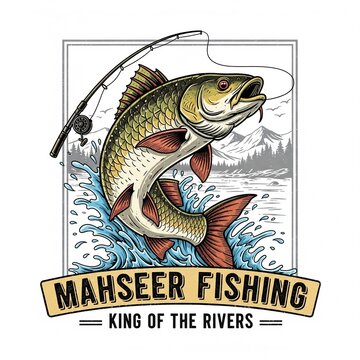 mahseer fish as a logo print design on various media such as t-shirts, mugs, hats, tote bags, etc. for various events related to fishing hobbies, vintage cartoon flat design illustrations
