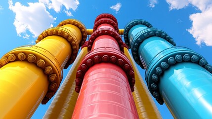 Brightly Colored Industrial Pipes Against a Blue Sky