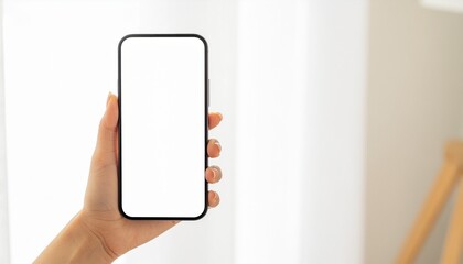Close up of a female hand holding a modern smartphone with a blank white screen, perfect for mockups against a bright, cozy interior background