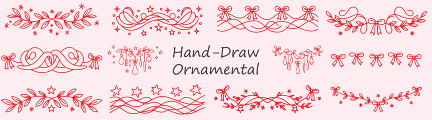 Hand Drawn Christmas Vector Ornaments Red Holiday Border Clipart Winter Seasonal Decor Festive Design Elements Stars