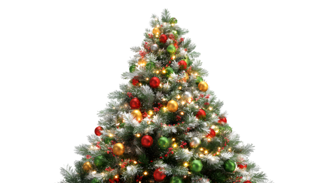 Christmas tree decorated with ornaments, tinsel, and lights isolated on white background
