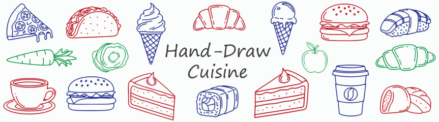 Hand drawn Cuisine Pizza Taco Ice Cream Croissant Burger Sushi Coffee Apple Cake Colorful Food Illustrations and