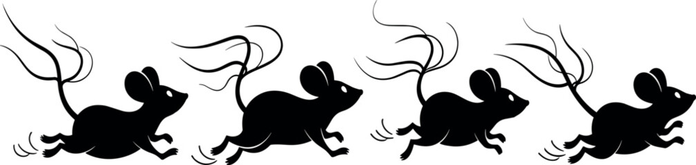 Running mouse silhouettes with motion lines, stylized animal illustration, energetic vector design for animation, logo, editorial, and kids decor use