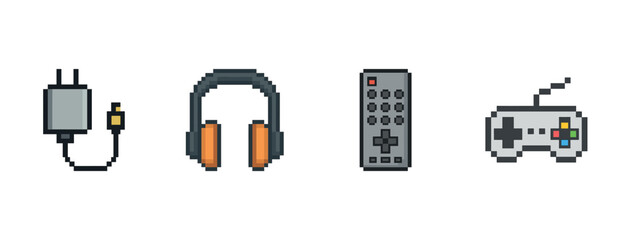 Fototapeta na wymiar Pixel art electronics: charger, headphones, remote, gamepad on white background