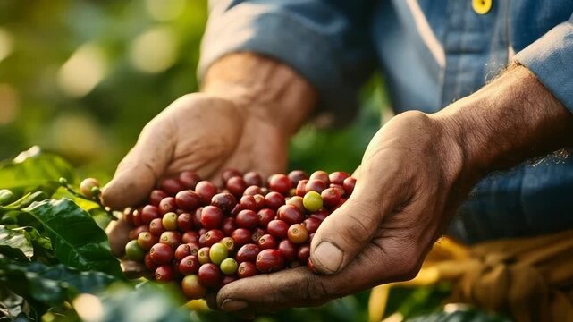 Close-up of a farmer's hand showing the harvest of coffee beans in Brazil.