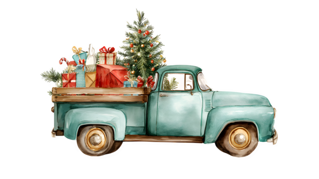 Christmas truck watercolor illustration carrying tree and gifts isolated on white background