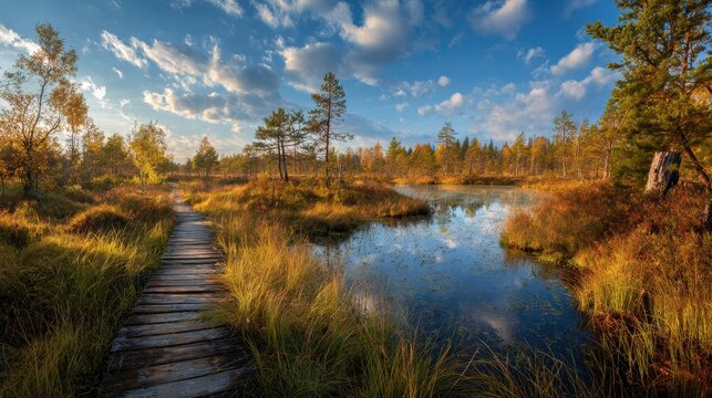 Stunning fall wetland view in Latvia Northern European seasonal landscape
