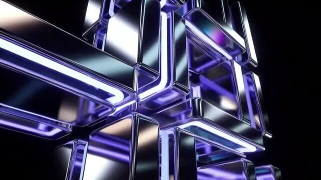 Modern chrome abstract structure with glowing purple elements in dynamic motion