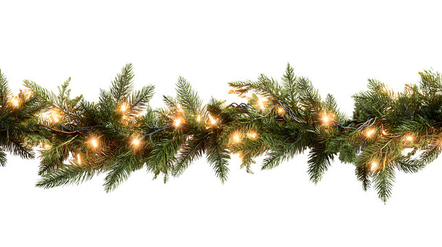 Christmas garland with pine branches and lights isolated on white background