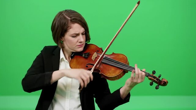 Stable, eye-level medium video framing graceful young caucasian woman, short brown bob, playing polished wooden violin with serene passion in studio on green screen. Musical artistry concept.