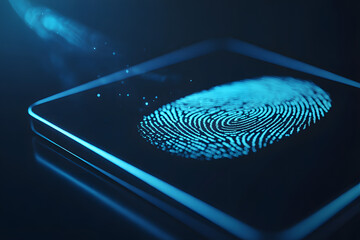 Cybersecurity Signature: An illuminated fingerprint on a glass screen, radiating a sense of digital identity and security, symbolizing authentication and protection in the digital landscape.