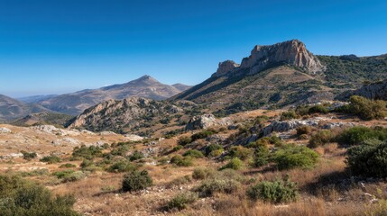 Barren Mediterranean hillside with few shrubs and a distant elevation under a vast blue sky ideal for natural and geological scenes offering empty space