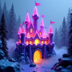 Rock candy castle in forest, purple and gold
