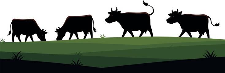 Cows grazing on green hills, stylized farm animal silhouette vector illustration for decor, logo, editorial, tattoo, and nature-themed design use