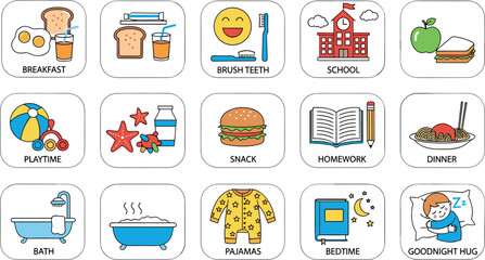 Daily Routine Chart for Kids – Illustrated Schedule with Activities and Time-of-Day Icons