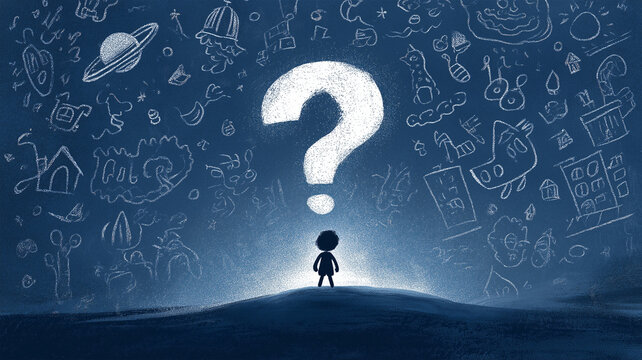 チョークで描いた、疑問符を仰ぐ子どもの姿