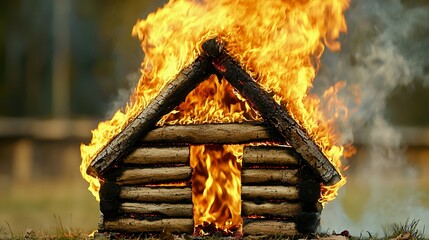 Burning Log Cabin in Green Field