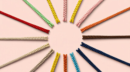 Vibrant, colorful woven shoelaces arranged in a circular pattern on a bright pink background, symbolizing community, teamwork, connection, and textile fashion variety.