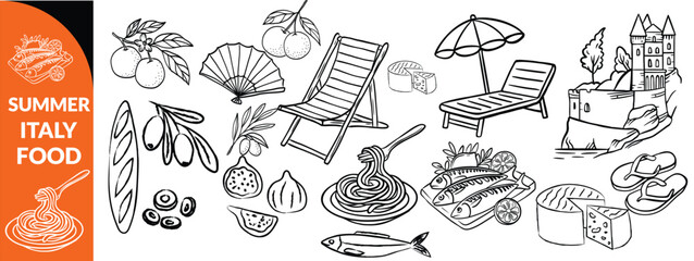 Summer Italy food print, hand drawn travel Mediterranean icon set Italian vintage vacation emblem. Traditional cuisine elements, Amalfi lemon silhouette wine glass bottle. Italy summer coastal big set