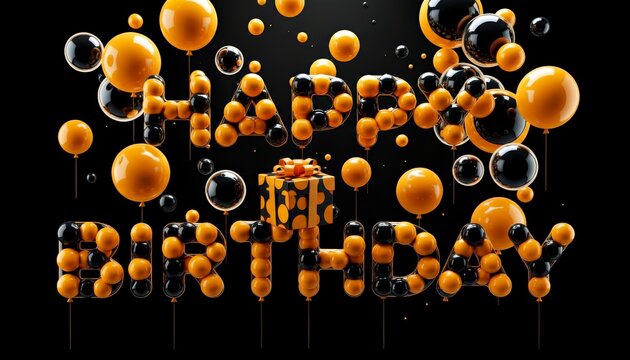 Happy birthday text made of colorful spheres and bubbles on black  