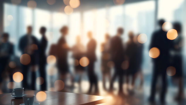 A blurred scene of professionals mingling in a modern office setting with a cup in the foreground, evoking connection.