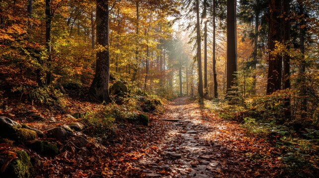 A leaf covered wooded path bathed in vibrant autumn hues and early morning sunlight
