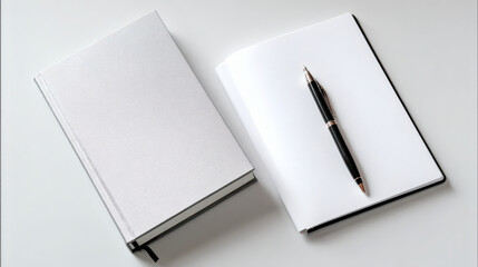 Two white notebooks, one closed and one open with a black pen, on a clean white surface, ready for writing or sketching.