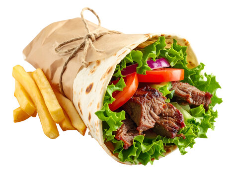 Delicious wrap with meat, vegetables, and fries; beautifully arranged on a black backdrop