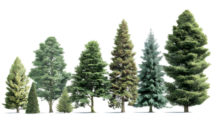 Collection of evergreen trees in various sizes isolated on white background