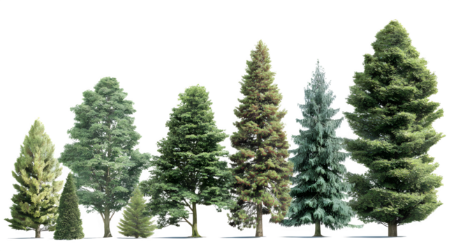 Collection of evergreen trees in various sizes isolated on white background - Powered by Adobe