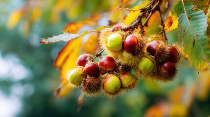 Abstract depiction of mature chestnuts in autumn park horse chestnut tree branch with Aesculus hippocastanum fruits