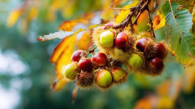Abstract depiction of mature chestnuts in autumn park horse chestnut tree branch with Aesculus hippocastanum fruits