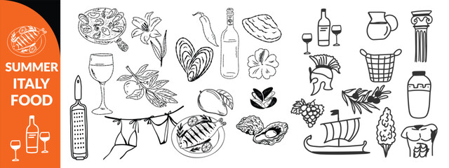 Summer Italy food print, hand drawn travel Mediterranean icon set Italian vintage vacation emblem. Traditional cuisine elements, Amalfi lemon silhouette wine glass bottle. Italy summer coastal big set