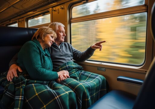 Man and woman enjoying a train journey, looking out window with fall colors. Elderly travel and senior couple vacation concept.