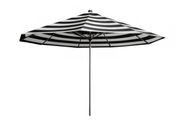Beach umbrella with black and white stripes providing shade, perfect for summer, vacation, and relaxation concepts