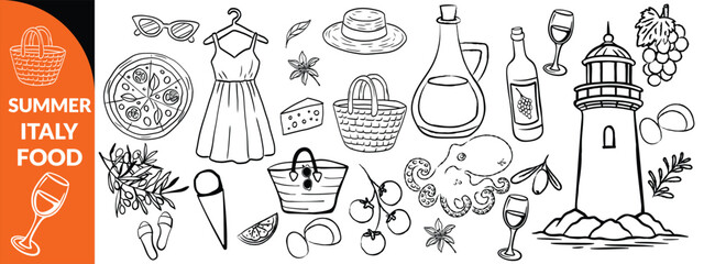 Summer Italy food print, hand drawn travel Mediterranean icon set Italian vintage vacation emblem. Traditional cuisine elements, Amalfi lemon silhouette wine glass bottle. Italy summer coastal big set