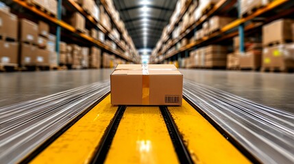 Cardboard Box on Yellow Conveyor Belt in a Large Warehouse