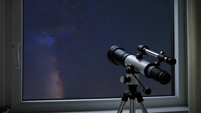 Telescope on a tripod observing the night sky from a window.