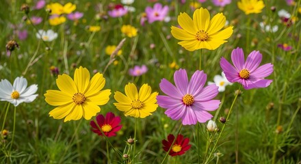 Obraz premium Cheerful cosmos flowers blooming in a spring meadow create a colorful wildflower botanical garden